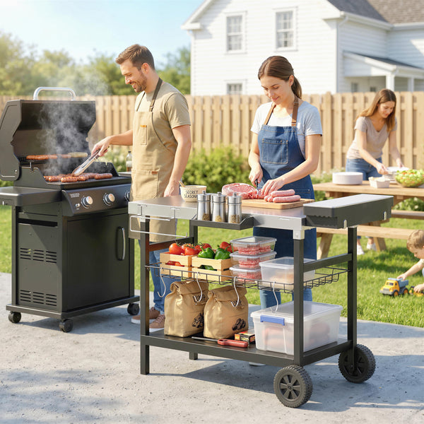 Desserte Jardin à 3 Niveaux avec Plan de Travail Inox, Panier Amovible, Étagères Ouvertes, Boîte à Épices, 2 Roues, 4 Crochets, Poignée Latérale, Chariot Barbecue pour Plancha, Noir