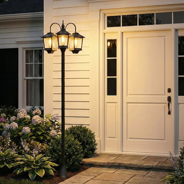 Lampadaire extérieur sur pied à 3 têtes, lampadaire solaire extérieur, éclairage LED, capteur automatique crépuscule à l'aube, IP44, hauteur 188 cm, pour jardin, cour ou allée, noir