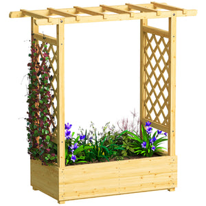 Jardinière Surélevée avec treillis Latéral et Supérieur, bac à fleurs, lit surélevé Trous de Drainage, pour plantes grimpantes, légumes, fleurs, extérieur, bois massif, bois naturel
