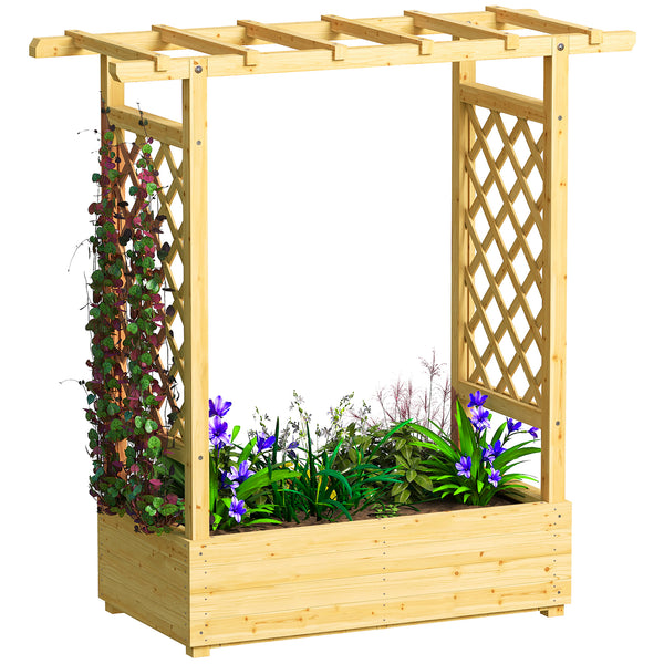 Jardinière Surélevée avec treillis Latéral et Supérieur, bac à fleurs, lit surélevé Trous de Drainage, pour plantes grimpantes, légumes, fleurs, extérieur, bois massif, bois naturel