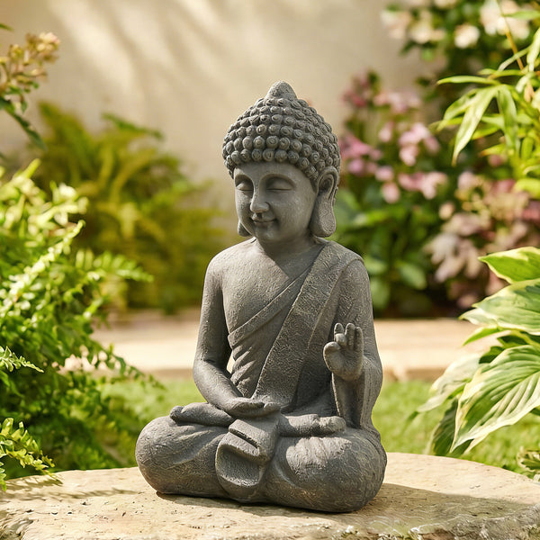 Statue de Jardin, Sculpture de Bouddha Assis en Oxyde de Magnésium, Décoration Spirituelle pour Intérieur et Extérieur, Jardin, Patio, Cour, Gris Foncé