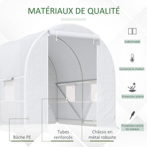 Serre de Jardin Tunnel Surface Sol 5 m² 2,5L x 2l x 2H m châssis Tubulaire renforcé 18 mm 4 fenêtres Blanc