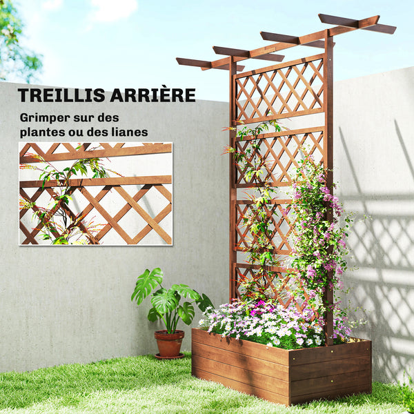 Jardinière Surélevée avec treillis et Barres de Toit, bac à fleurs, lit surélevé Trous de Drainage, tissu non tissé, pour plantes grimpantes, légumes, extérieur, bois massif, bois naturel