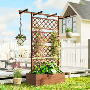 Jardinière Surélevée avec treillis et Barres de Toit, bac à fleurs, lit surélevé Trous de Drainage, tissu non tissé, pour plantes grimpantes, légumes, extérieur, bois massif, bois naturel