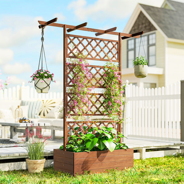 Jardinière Surélevée avec treillis et Barres de Toit, bac à fleurs, lit surélevé Trous de Drainage, tissu non tissé, pour plantes grimpantes, légumes, extérieur, bois massif, bois naturel