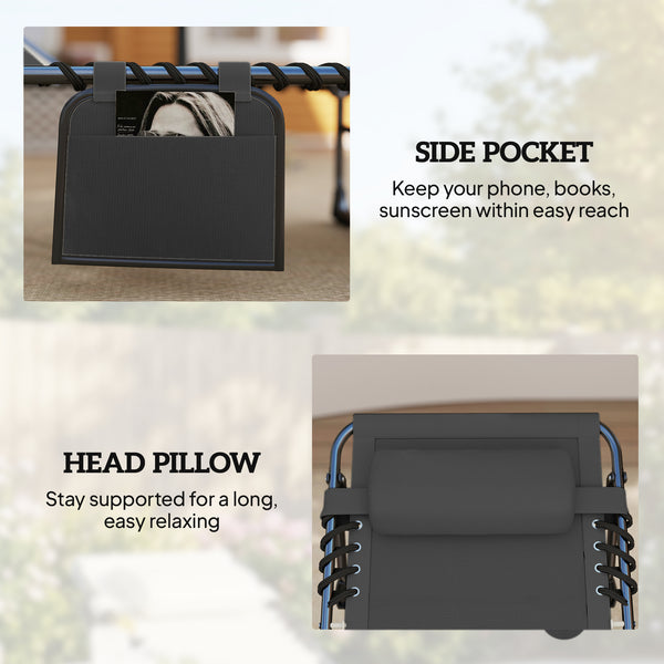 Lot de 2 Bains de Soleil 200cm avec Matelas XXL 9cm - Transat de Jardin Inclinable 180° Plat - Lit de Camp Pliable à 5 Positions, Charge 120kg, Poignée de Transport et Poche Latérale, Gris