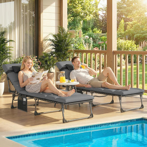 Lot de 2 Bains de Soleil 200cm avec Matelas XXL 9cm - Transat de Jardin Inclinable 180° Plat - Lit de Camp Pliable à 5 Positions, Charge 120kg, Poignée de Transport et Poche Latérale, Gris