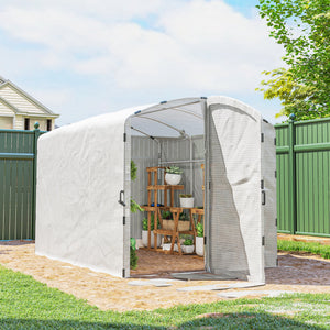 Serre tunnel de jardin 6m², serre de jardin tunnel 300x200x195cm bâche PE 220g/m², bords prolongés 50 cm, avec porte, pour extérieur, toutes saisons, légumes, fruits, fleurs, blanc