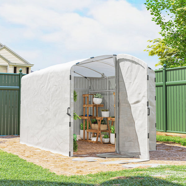 Serre tunnel de jardin 6m², serre de jardin tunnel 300x200x195cm bâche PE 220g/m², bords prolongés 50 cm, avec porte, pour extérieur, toutes saisons, légumes, fruits, fleurs, blanc