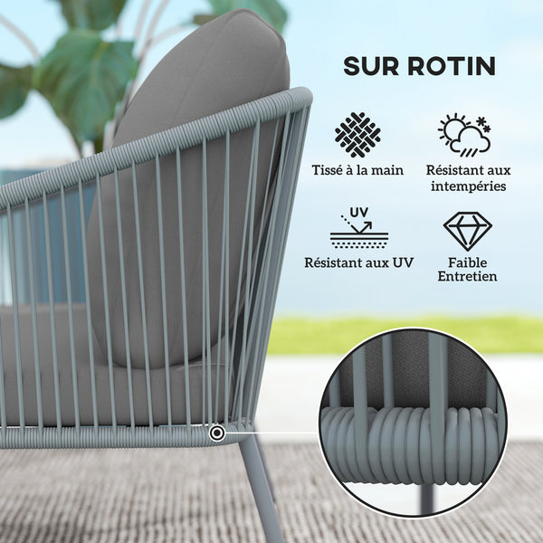 Canapé de jardin 2 places en résine tressée avec coussins, canapé d'extérieur avec accoudoirs, cadre en acier pour balcon, gris