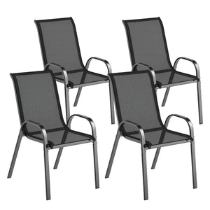 Lot de 4 chaises de jardin, chaises empilables, dossier haut incliné, tissu en maille respirante, cadre en acier, noir