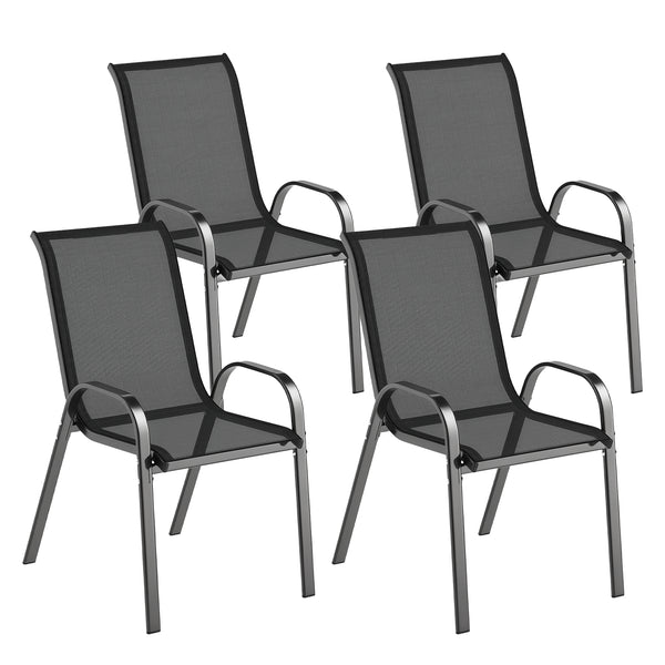 Lot de 4 chaises de jardin, chaises empilables, dossier haut incliné, tissu en maille respirante, cadre en acier, noir