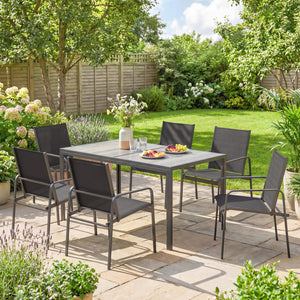 Ensemble de Salle à Manger Extérieur 7 Pièces pour 6 Personnes, Table de Patio Effet Bois et Chaises avec Assise en Maille Respirante, Mobilier de Jardin avec Cadre en Acier Galvanisé, Noir