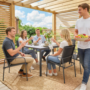 Ensemble de Salle à Manger Extérieur 7 Pièces pour 6 Personnes, Table de Patio Effet Bois et Chaises avec Assise en Maille Respirante, Mobilier de Jardin avec Cadre en Acier Galvanisé, Noir