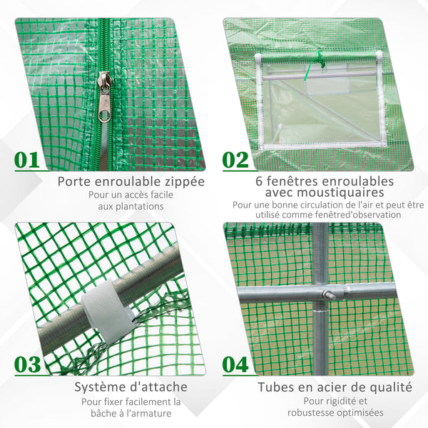 Serre de Jardin Tunnel 4,5L x 2l x 2H m châssis Tubulaire Acier galvanisé renforcé 1,8 cm 6 fenêtres 1 Porte Vert