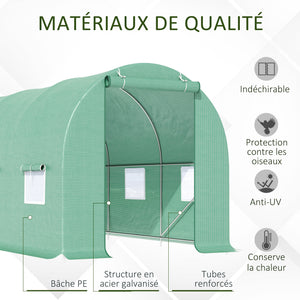 Serre de Jardin Tunnel 4,5L x 2l x 2H m châssis Tubulaire Acier galvanisé renforcé 1,8 cm 6 fenêtres 1 Porte Vert