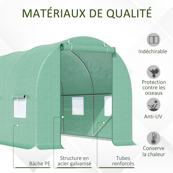 Serre de Jardin Tunnel 4,5L x 2l x 2H m châssis Tubulaire Acier galvanisé renforcé 1,8 cm 6 fenêtres 1 Porte Vert