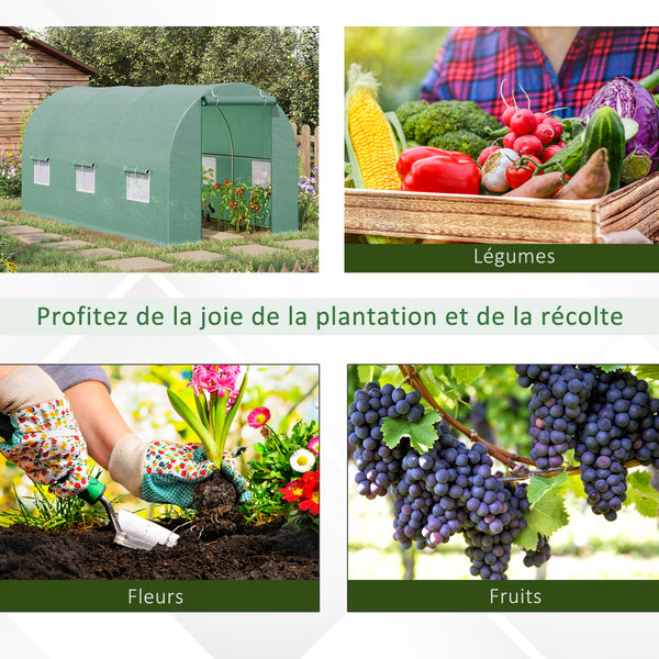 Serre de Jardin Tunnel 4,5L x 2l x 2H m châssis Tubulaire Acier galvanisé renforcé 1,8 cm 6 fenêtres 1 Porte Vert