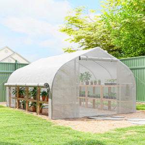 Serre tunnel de jardin 12m², serre de jardin tunnel 395x300x200cm porte et 8 fenêtres avec moustiquaires, pour extérieur, toutes saisons, légumes, fruits, bâche PE haute densité 140g/m² blanc