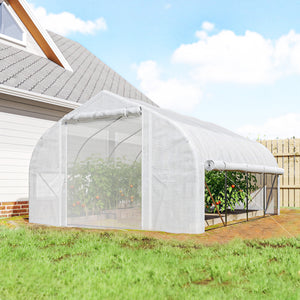 Serre tunnel de jardin 12m², serre de jardin tunnel 395x300x200cm porte et 8 fenêtres avec moustiquaires, pour extérieur, toutes saisons, légumes, fruits, bâche PE haute densité 140g/m² blanc
