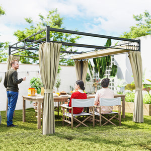 Pergola de Jardin 3x3m avec Toit Rétractable - Tonnelle de Jardin Extérieur Acier Renforcé avec 4 Rideaux - Pavillon Colonnes 60mm et Protection UV30+ pour Terrasse et Cour, Beige