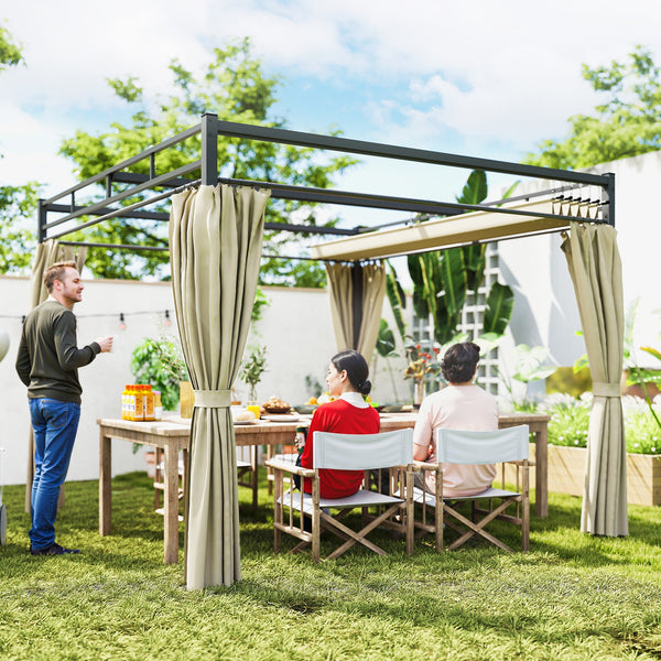 Pergola de Jardin 3x3m avec Toit Rétractable - Tonnelle de Jardin Extérieur Acier Renforcé avec 4 Rideaux - Pavillon Colonnes 60mm et Protection UV30+ pour Terrasse et Cour, Beige