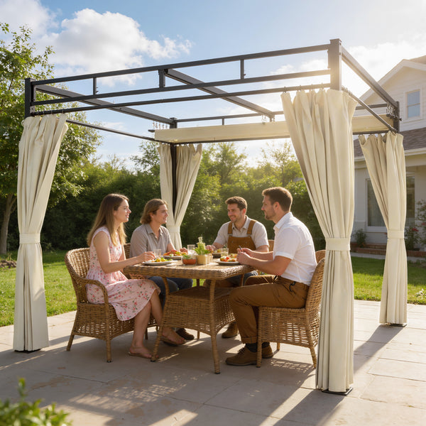 Pergola de Jardin 3x3m avec Toit Rétractable - Tonnelle de Jardin Extérieur Acier Renforcé avec 4 Rideaux - Pavillon Colonnes 60mm et Protection UV30+ pour Terrasse et Cour, Beige
