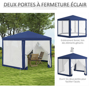Tonnelle de jardin 3 x 3,4 m hexagonal, tente de réception avec parois latérales en maille, 2 portes, pavillon de jardin pour camping, festival, plage, bleu