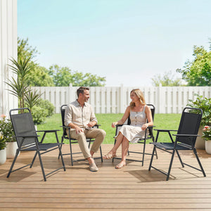 Lot de 4 chaises de jardin pliantes avec accoudoirs, chaises d'extérieur avec assise large en textilène respirant, dossier haut, cadre en acier robuste, pour patio, balcon, terrasse, noir
