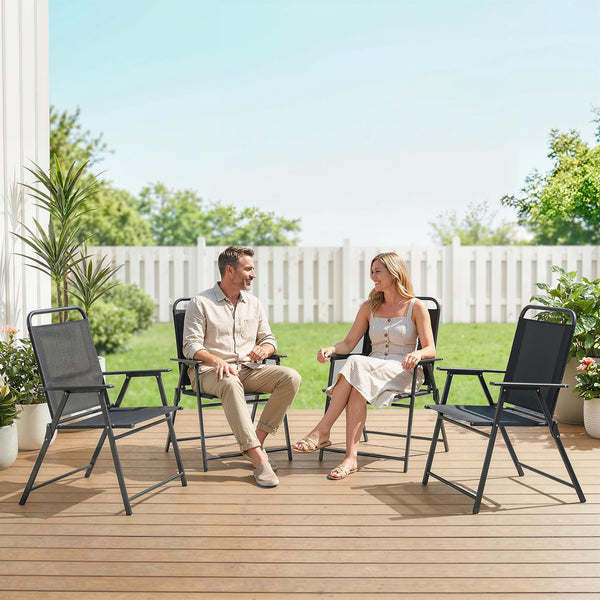 Lot de 4 chaises de jardin pliantes avec accoudoirs, chaises d'extérieur avec assise large en textilène respirant, dossier haut, cadre en acier robuste, pour patio, balcon, terrasse, noir