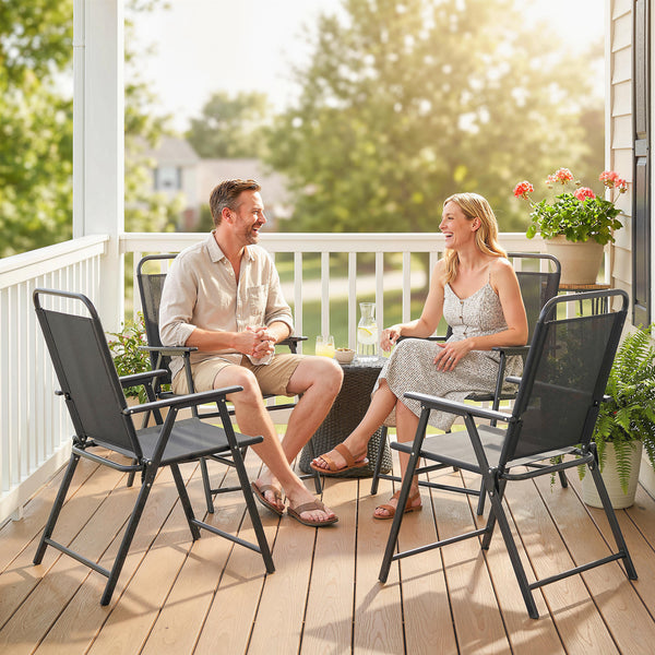 Lot de 4 chaises de jardin pliantes avec accoudoirs, chaises d'extérieur avec assise large en textilène respirant, dossier haut, cadre en acier robuste, pour patio, balcon, terrasse, noir