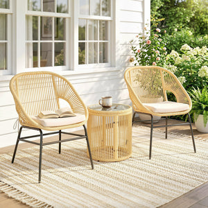 Ensemble bistro en rotin 3 pièces, 2 chaises de jardin, table en verre, coussins lavables, ensemble ergonomique pour balcon, salon de jardin pour jardin, terrasse, beige