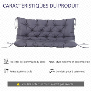 Coussin Matelas Assise Dossier pour Banc de Jardin balancelle canapé 2 Places Grand Confort 132 x 110 x 10 cm Gris