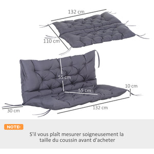 Coussin Matelas Assise Dossier pour Banc de Jardin balancelle canapé 2 Places Grand Confort 132 x 110 x 10 cm Gris