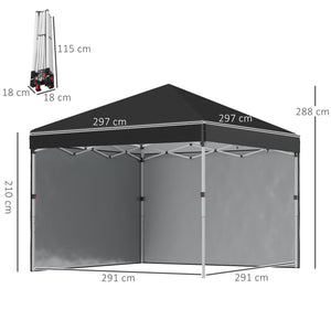 Tonnelle de jardin pop-up pliant barnum réglable en hauteur protection UV 30+ 2 parois latérales - sac de transport inclus - pour fête, événement plein air - 297 x 297 x 288 cm noir