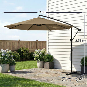 Parasol déporté rond 3 m, parasol de jardin extérieur avec housse de protection, parasol inclinable, manivelle et rotation à 360°, toile polyester 180 g/m², protection UV UPF50+, kaki