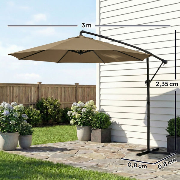 Parasol déporté rond 3 m, parasol de jardin extérieur avec housse de protection, parasol inclinable, manivelle et rotation à 360°, toile polyester 180 g/m², protection UV UPF50+, kaki