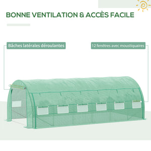 Serre de jardin 18 m² dim. 6L x 3l x 2H m avec porte + parois latérales zippées enroulables, 12 fenêtres, acier PE haute densité 140 g/m² Anti-UV vert