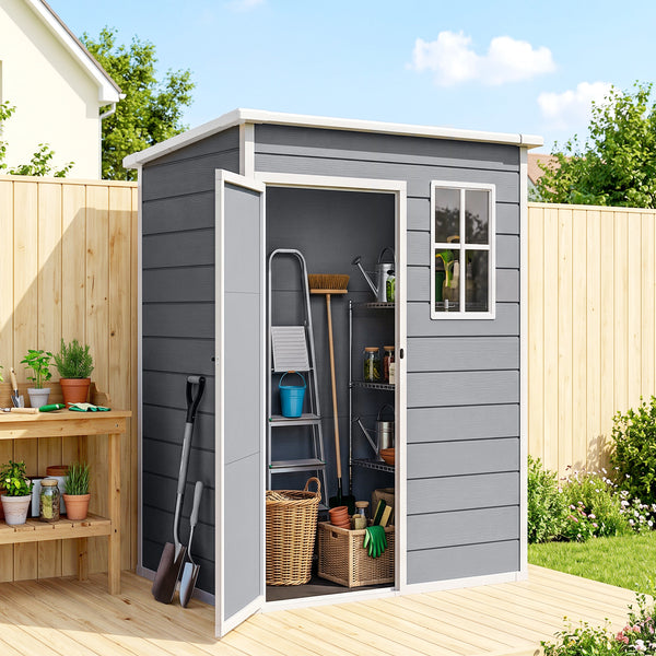 Abri de jardin 1,14 m² cabane de jardin pour outils - porte verrouillable, aération et fenêtre - dim. 151L x 92l x 193H cm  - plastique, gris