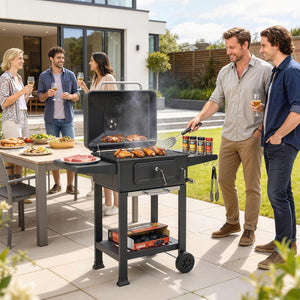Barbecue Charbon de Bois XXL 112cm avec Couvercle - Chariot Grill de Jardin avec Bac à Charbon et Évents Réglables - Fumoir à 600°C avec Thermomètre et Porte de Ravitaillement, Noir