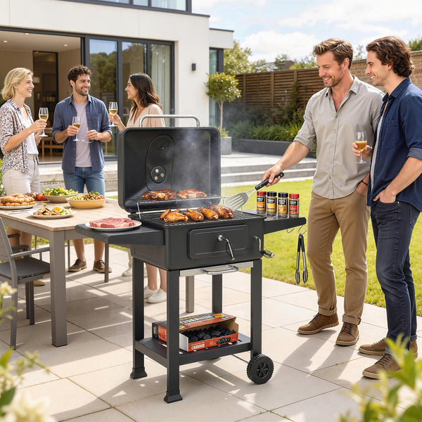 Barbecue Charbon de Bois XXL 112cm avec Couvercle - Chariot Grill de Jardin avec Bac à Charbon et Évents Réglables - Fumoir à 600°C avec Thermomètre et Porte de Ravitaillement, Noir