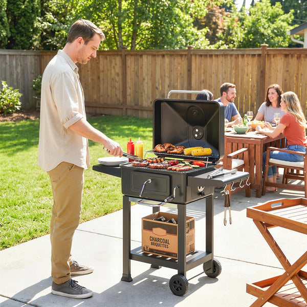 Barbecue Charbon de Bois XXL 112cm avec Couvercle - Chariot Grill de Jardin avec Bac à Charbon et Évents Réglables - Fumoir à 600°C avec Thermomètre et Porte de Ravitaillement, Noir