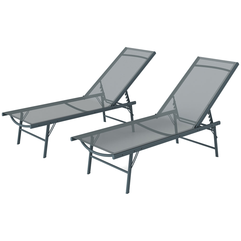 Lot de 2 bain de soleil, chaise longue pliante en textilène, transat jardin extérieur inclinable de plage, relax, camping, piscine, terrasse, 54 x 164 x 84 cm, gris clair