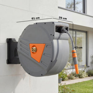 Enrouleur Tuyau Arrosage Mural 40+2 m Pivotant à 180°, Dévidoir de Tuyaux d'Eau, Buse 2 Modes, Rembobinage Auto et Progressif avec Verrou, Adaptateurs, pour Jardin, Lavage de Voiture, Orange