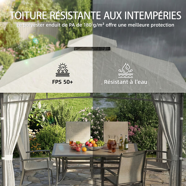 Tonnelle de Jardin Extérieur 3x3m Pavillon Métal Ø 48mm - Cadre de Toit Rétractable & Double Toit UV50+ - Abri de Jardin Imperméable Robuste pour 6-8 Personnes, Crème