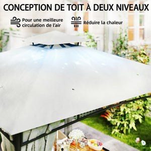 Tonnelle de Jardin Extérieur 3x3m Pavillon Métal Ø 48mm - Cadre de Toit Rétractable & Double Toit UV50+ - Abri de Jardin Imperméable Robuste pour 6-8 Personnes, Crème