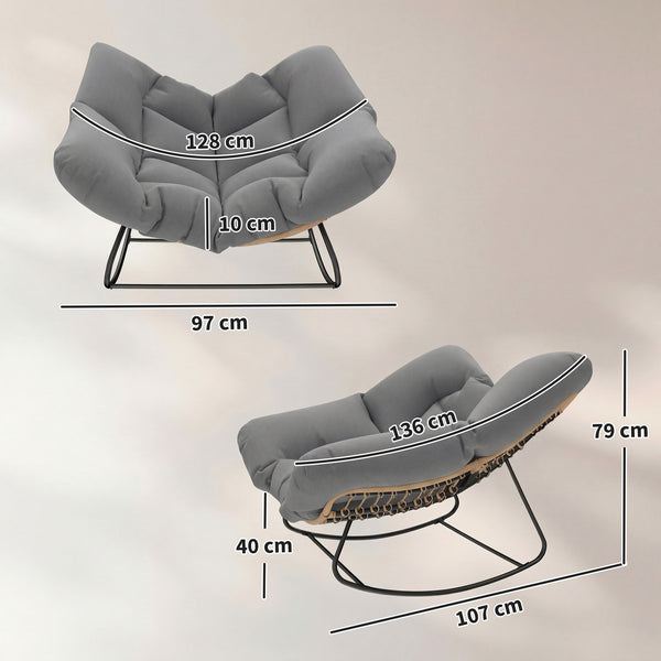 Fauteuil à bascule avec coussin résistant aux intempéries Fauteuil de jardin jusqu'à 120 kg fauteuil relax extérieur pour salon, jardin, pelouse, balcon, véranda Gris