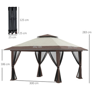 Tonnelle de jardin extérieur barnum de jardin pop-up tente pliant 4 x 4 m double toit protection UV 50+ 4 moustiquaires, 4 sacs de sable, 1 sac de transport tissu Oxford métal beige et marron