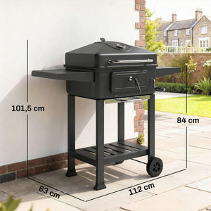 Barbecue Charbon de Bois XXL 112cm avec Couvercle - Chariot Grill de Jardin avec Bac à Charbon et Évents Réglables - Fumoir à 600°C avec Thermomètre et Porte de Ravitaillement, Noir