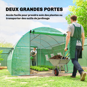 Serre tunnel de jardin 12m², serre de jardin tunnel 295x400x200cm avec cadre en acier galvanisé, 2 portes et 8 fenêtres avec moustiquaires pour extérieur bâche PE haute densité 140 g/m² vert